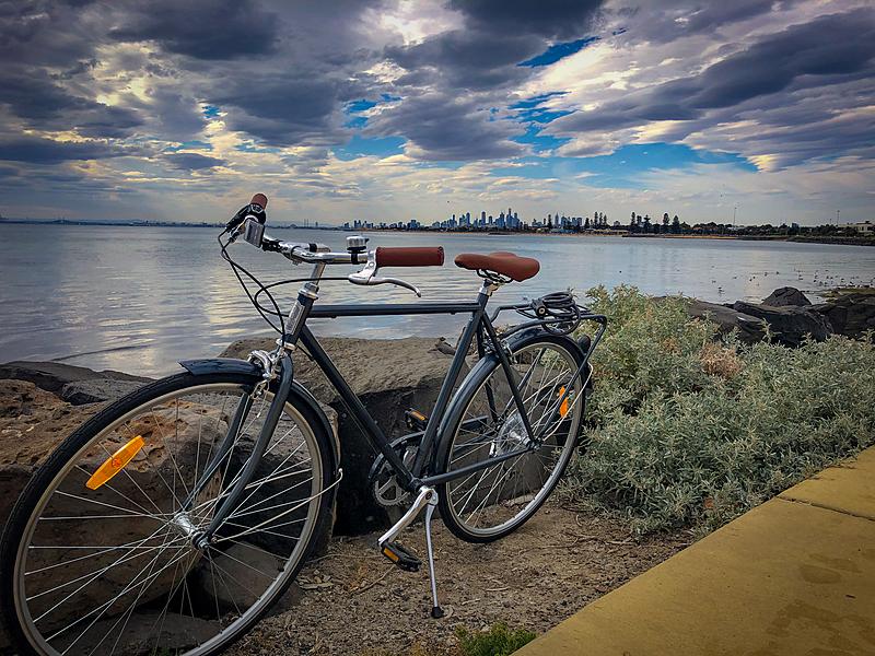 Bicycole Kidman (aka Kiddo) | My new bike sits in front of the water with the skyline of Melbourne in the distance